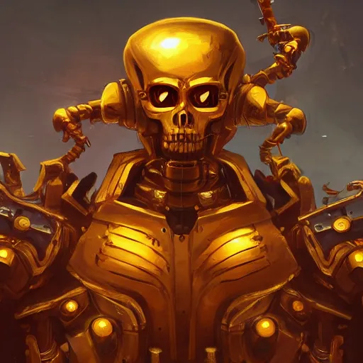 Prompt: a giant golden robot fighting an army of skeletons, highly detailed portrait, digital painting, artstation, concept art, smooth, sharp foccus ilustration, Artstation HQ