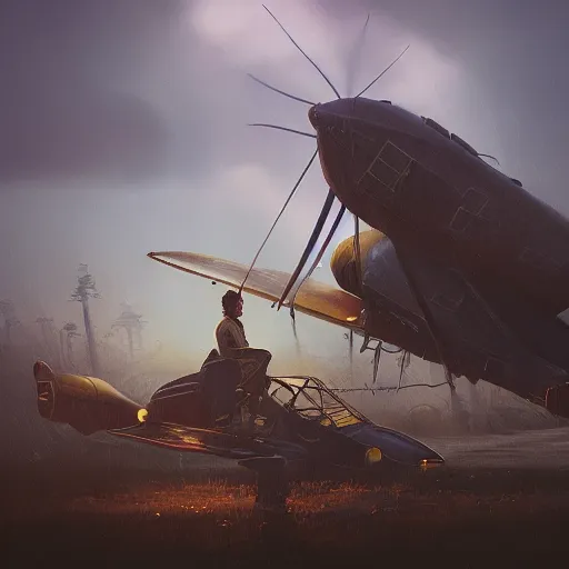 Image similar to a young pilot next to his crashed plane, steampunk, an epic fantasy, dramatic lighting, cinematic, establishing shot, extremely high detail, photorealistic, cinematic lighting, artstation, by simon stalenhag, christopher nolan