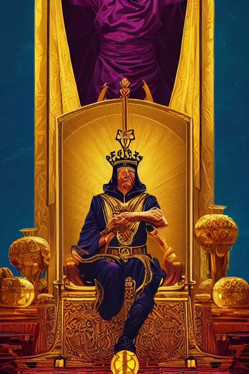 Image similar to the emperor tarot card, the crowned embodiment of male power holding the symbol of his power sits on a lavish throne ruling with wisdom and care, 8 k resolution digital painting, by alena aenami, by michael whelan, behance hd, trending on artstation deviantart