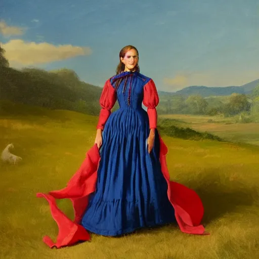 Image similar to portrait of Alicia Vikander wearing blue shirt and red 1850 dress, in the style of the Hudson River School