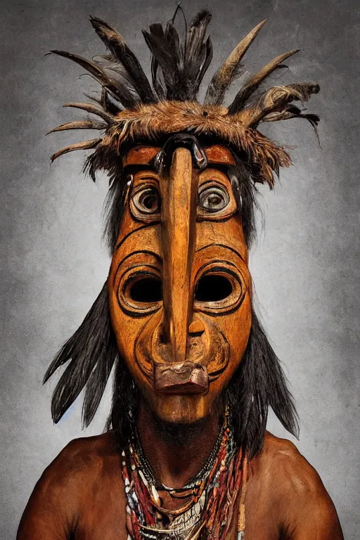 Image similar to portrait, headshot, digital painting, an old witchdoctor in african benin wooden painted ritual animal mask, realistic, hyperdetailed, chiaroscuro, concept art, art by frans hals
