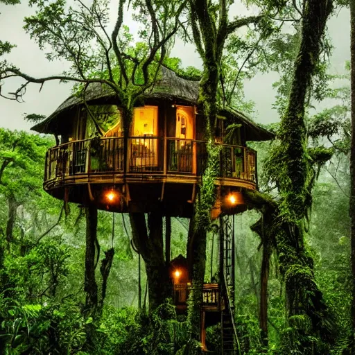 Image similar to a treehouse in a lush jungle during a thunderstorm in the evening