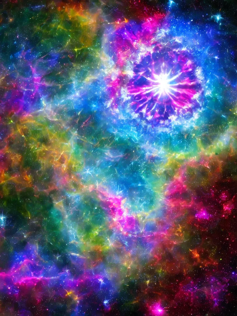 Prompt: celestial epic vibrant cinematic fantasy space image of a sparkling ethereal tie dye sacred geometry cosmic universe, celestial cosmos, nasa photos, artstation