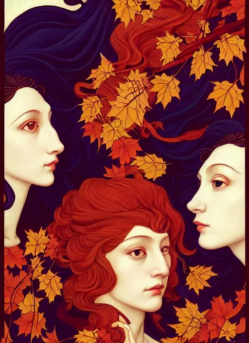 Image similar to 3 Autumn Muses symbolically representing September, October, and November, in a style blending Æon Flux, Peter Chung, Shepard Fairey, Botticelli, Ivan Bolivian, and John Singer Sargent, inspired by pre-raphaelite paintings, shoujo manga, and cool Japanese street fashion, dramatic autumn landscape, leaves falling, deep red gold and royal purple high contrast tones, hyper detailed, super fine inking lines, ethereal and otherworldly, 4K extremely photorealistic, Arnold render