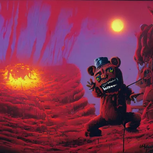 Image similar to freddy fazbear in hell by paul lehr and moebius