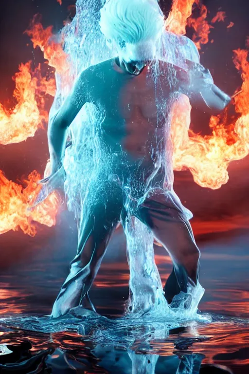 Image similar to scooter rapper baxxter with white hair standing in water shouting in the microphone with explosion and flames in background, full body, white shirt, black pants, reflection in water, volumetric lighting, detailed eyes, dynamic pose, golden ratio