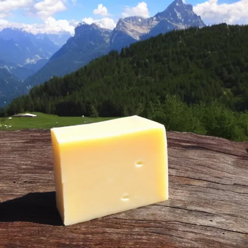 Image similar to i giant piece of swiss cheese in a beautiful mountainous landscape