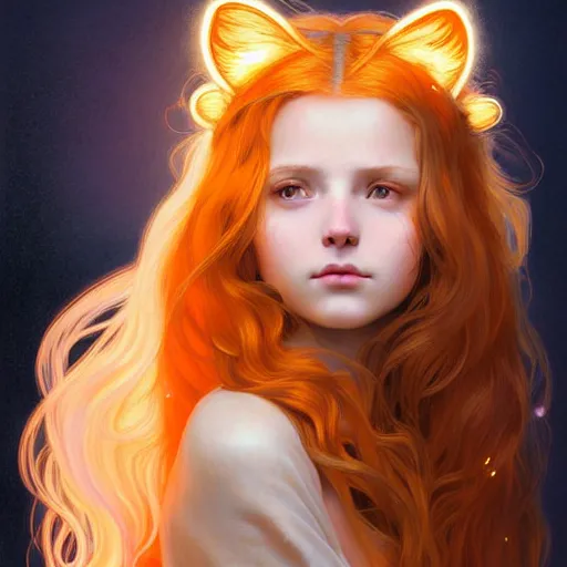 Image similar to Portrait of a girl angel with pale orange colored frizzy strands of illuminated hair, cat ears on her head, glowing halo, Lion's Mane, fantasy, intricate, elegant, highly detailed, digital painting, artstation, concept art, smooth, sharp focus, illustration, art by Krenz Cushart and Artem Demura and alphonse mucha