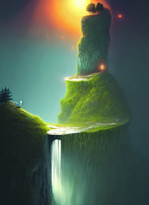 Image similar to Gediminas Pranckevicius a long capture photo of a magical waterfall, high cliff, night, stars in the sky cinematic lighting, insanely detailed, intricate, artstation, cgsociety, painted by Simon Stalenhag, concept art, illustration, sharp focus,