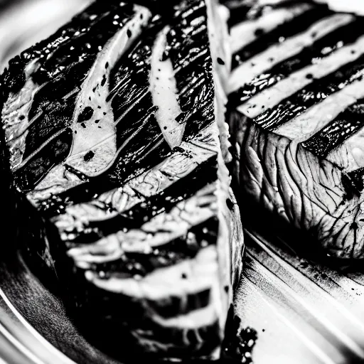 Prompt: massive wagyu steak perfect sear macro gourmet food photography black and white