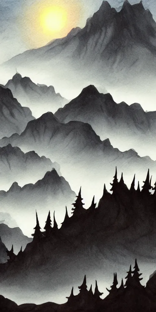 Image similar to mountian, color ink wash by award - winning concept artist. backlighting, chiaroscuro, field of depth.