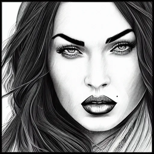 Prompt: “Megan Fox, portrait!!! Portrait based on doodles, lines, monochrome, concept Art, ultra detailed portrait, 4k resolution”