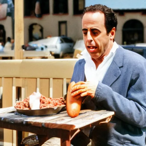 Prompt: jerry seinfeld eating a hot dog in the old west