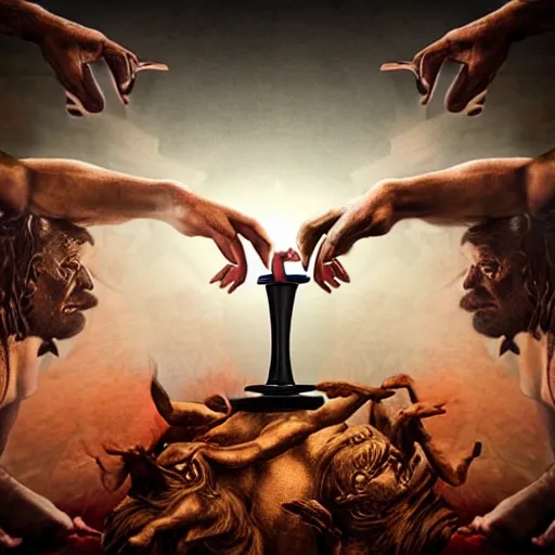 Image similar to god and the devil arm wrestling to see who wins the souls, ultra realistic photo,