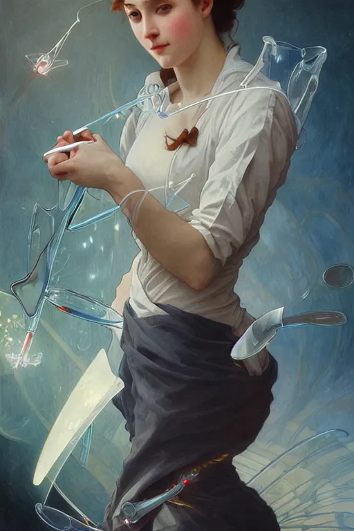 Image similar to a scientist girl doing mad science, intricate, elegant, highly detailed, digital painting, artstation, concept art, smooth, sharp focus, illustration, art by artgerm and greg rutkowski and alphonse mucha and william - adolphe bouguereau