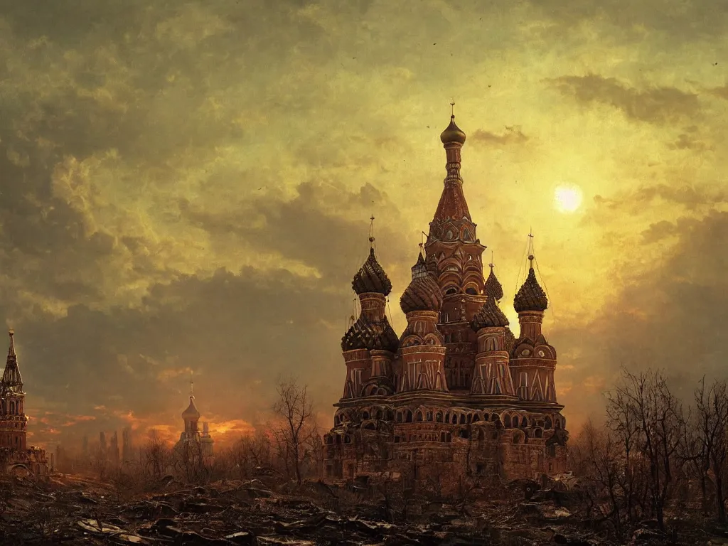 Prompt: a post apocalyptic landscape of moscow after a nuclear war, st. basil's cathedral in partial ruins, beautiful radioactive sunset lighting, beautiful painting, fallout 3, painted by albert bierstadt