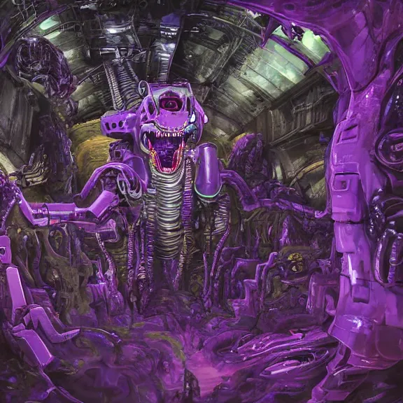 Image similar to detailed shot of inside a cavernous living stomach of a giant mecha dragon, the walls purple and pulsing, slimy and hot, lots of acid pooling up on the floor, digesting a bunch humans that ended up inside, food pov, micro pov, vore, digital art, furry art, high quality, 8k 3D realistic, macro art, micro art, Furaffinity, Deviantart, Eka's Portal, G6