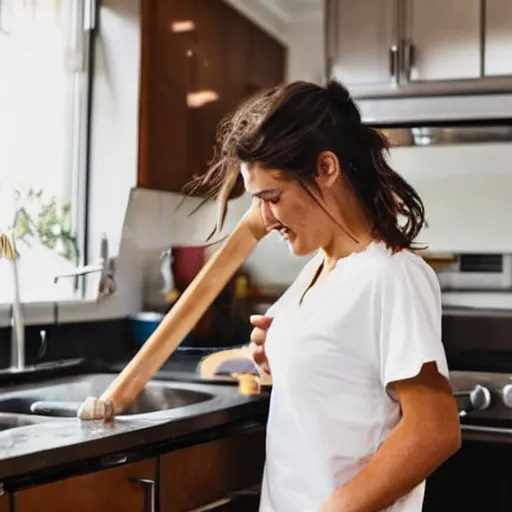 Image similar to a candid photo of a brunette female, young, athletic, australian, wearing a gold tshirt in a kitchen