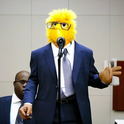 Image similar to big bird gives testimony in a court room wearing a suit