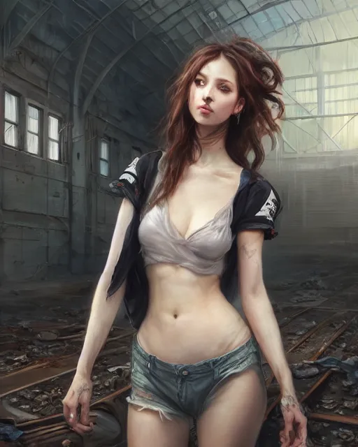 Image similar to daniel gerhartz and artgerm detailed portrait digital rococo painting of a beautiful woman wearing streetwear clothing, instagram style, abandoned warehouse interior in the background, unreal engine, hyper realism, realistic shading, cinematic composition, blender render, octane render, hdr, detailed textures, photorealistic, ultrawide shot, 3 5 mm film