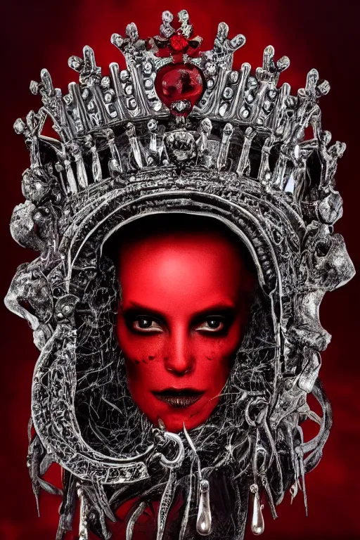 Image similar to a queen with half skull with an red crown, hints of silver jewelry, gothic, eerie, intricate detail, dramatic lighting, fire, red, 8 k