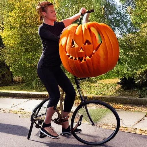 Prompt: a pumpkin being inflated with a bike pump