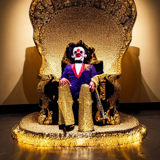 Image similar to shining giant throne made of millions of diamonds, gold and zaphires with thousands of light reflections, and a clown on a tuxedo suit is sitting on the throne while handing a golden balloon, dramatic light