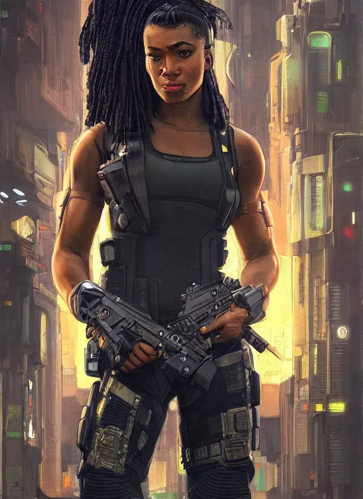 Prompt: Sgt. Maria igbo. Strong cyberpunk female USN marine wearing a military vest and powerful military cyberpunk exo-suit (cyberpunk 2077, bladerunner 2049). gorgeous face. Iranian orientalist portrait by john william waterhouse and Edwin Longsden Long and Theodore Ralli and Nasreddine Dinet, oil on canvas. Cinematic, hyper realism, realistic proportions, dramatic lighting, high detail 4k