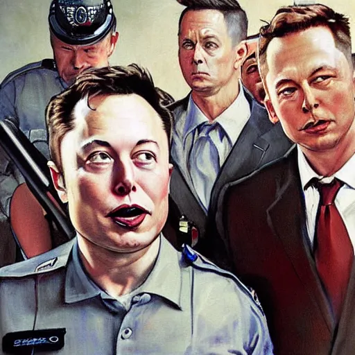 Prompt: elon musk getting arrested painting in the style of norman rockwell