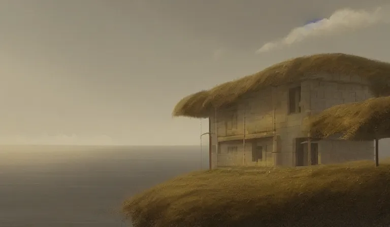 Prompt: A serene landscape with a singular building in the style of a sad and dreadful matte painting