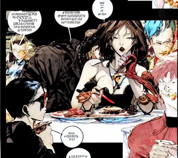 Image similar to a scene of a woman eating cake with a knife and fork, comic book art, by yoji shinkawa and takehiko inoue and kim jung gi, masterpiece, perfect