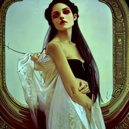 Prompt: A beautiful painting of a lady vampire, victorian, dracula, ominous, oil on canvas, photorealism, alphonse mucha, irwin penn, high definition, soft light