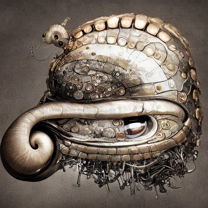 Image similar to anthropomorphic snail with huge cute manga eyes, photorealism, white detail plastic biomechanical with gold, copper, bronze, chrome by h. r. giger, tim burton, lee jeffries, erik johansson, supersampled, 8 k, beautify