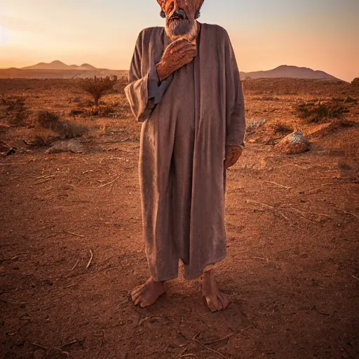 Image similar to award winning cinematic still portrait of distraught 85 year old Mediterranean skinned man in Ancient Canaanite clothing, crying with dark silhouette of a lamb on their face, beard, short hair, Just before sunrise. Desert mountain background. sad, depressed, lonely, Biblical epic directed by Steven Spielberg