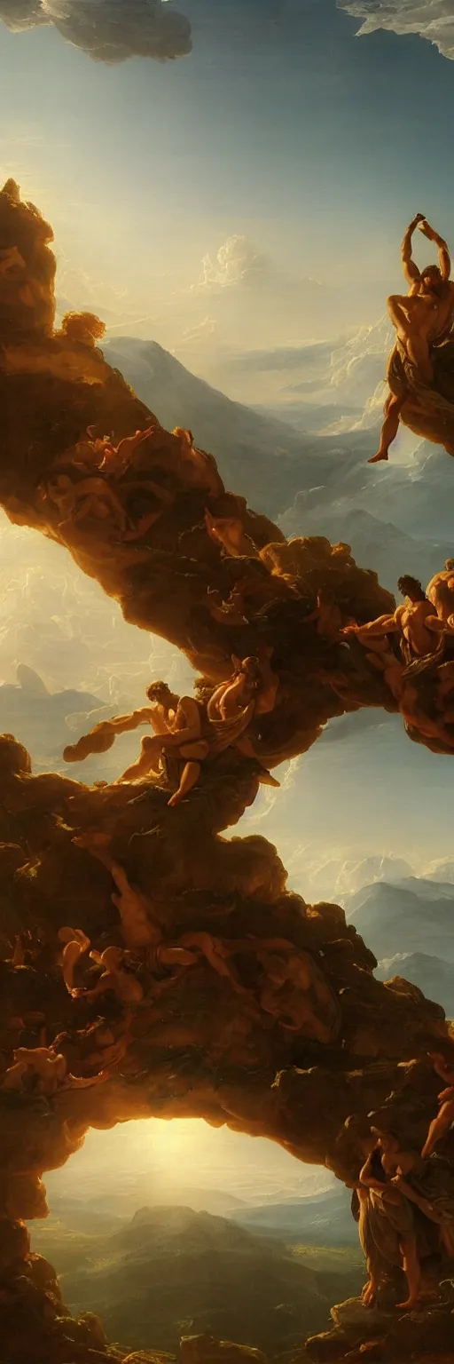 Prompt: a sublime and awe-inspiring Thomas Cole style matte painting of Zeus contemplating humanity's predicament atop an enormous Greco-Roman column while the sun sets upon Mount Olympus in the distance