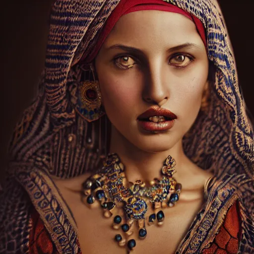 Prompt: vintage portrait of a stunningly beautiful arabic tribal female, depth of field, zeiss lens, detailed, symmetrical, centered, fashion photoshoot, by edward s curtis, Annie Leibovitz and Steve McCurry, David Lazar, Jimmy Nelsson, Breathtaking, 8k resolution, extremely detailed, beautiful, establishing shot, artistic, hyperrealistic, beautiful face, octane render