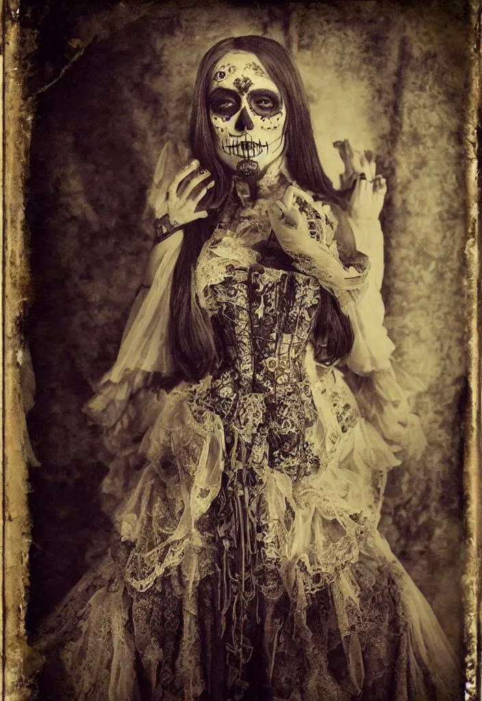 Image similar to tintype full body view, woman veiled dia de muertos dress and make up, corset garters and stockings, horrific beautiful vibe, evocative, atmospheric lighting, painted, intricate, highly detailed,