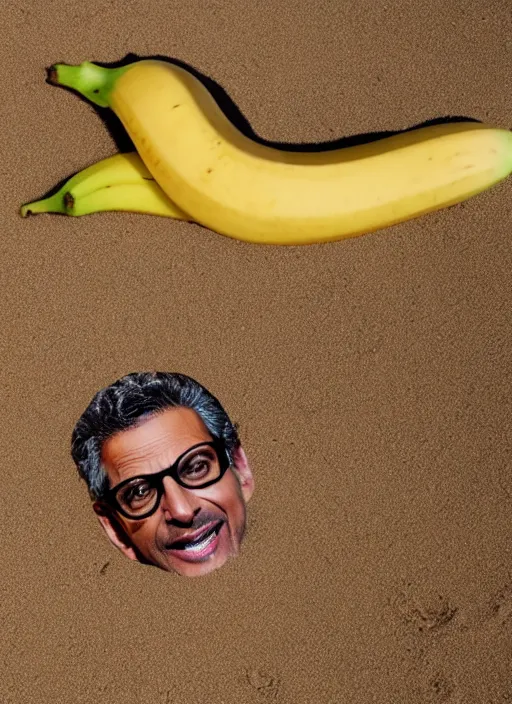 Image similar to jeff goldblum as a banana on the sand of a beach