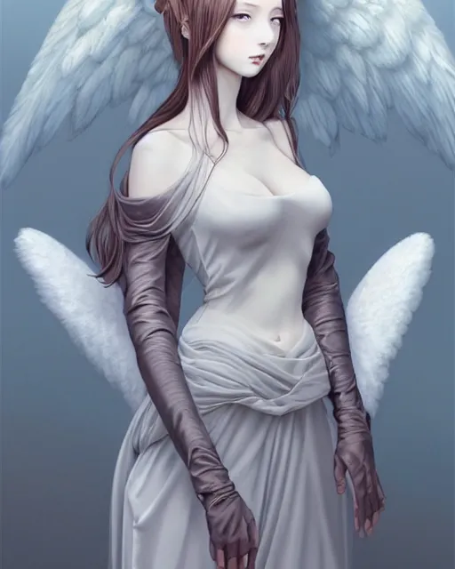 Image similar to an infinitely detailed portrait of a frail and pale female peace angel elegantly. fully - clothed full - body, beautiful! scenery art!! coherent! by wlop & murata range, by ilya kuvshinov. victorian armor trim, cold color palette, artstation / pixiv!! elegantly armored angel portrait full - body, dreamy art