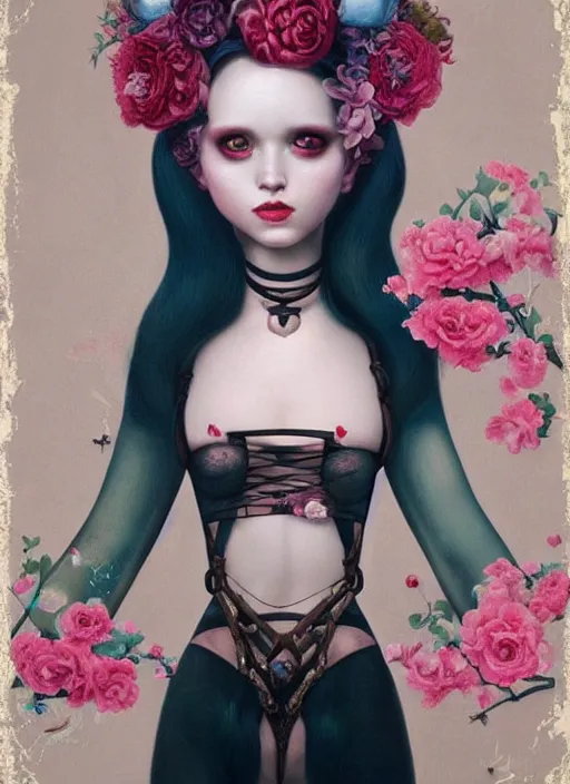 Image similar to pop surrealism, lowbrow art, realistic seductive cute woman painting, body harness, japanese shibari with flowers, hyper realism, muted colours, rococo, natalie shau, loreta lux, tom bagshaw, mark ryden, trevor brown style,
