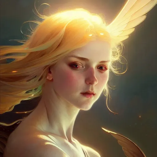 Image similar to A girl with blonde hair, glowing halo, huge highly detailed wings, fantasy, intricate, elegant, highly detailed, digital painting, artstation, concept art, smooth, sharp focus, illustration, art by Krenz Cushart and Artem Demura and alphonse mucha