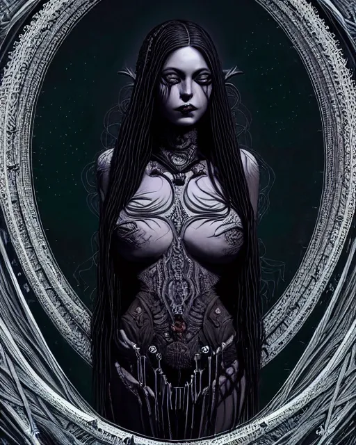 Prompt: beautiful realistic intricately detailed full frontal pose portrait of a sensual young devious goddess of the night, intricate halo of crows, leather braids, dark energy, immoral vibrations, frequencies, illusions, art by kilian eng, artgerm, greg rutkowski and h. r. giger, gothic, neo - gothic, ornamental, beautiful vivid colors