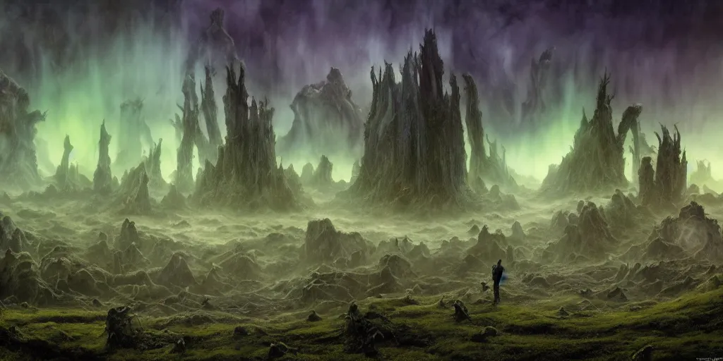 Image similar to evil eldritch lovecraftian scenery landscape, lord of the rings, aurora borealis, mist, monoliths, tentacles, fungal growths, moss highly detailed, bleak color, perfect lighting, perfect composition, 8 k, brian froud, artgerm, derek zabrocki, greg rutkowski