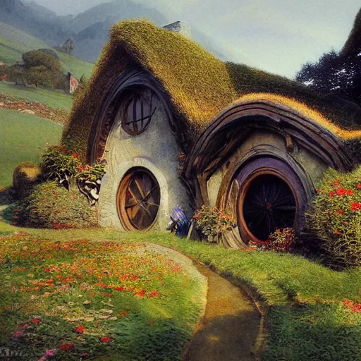 Image similar to beautiful serene hobbiton, by alan lee, lord of the rings, smooth, detailed terrain, oil painting, matte painting, concept art, trending on artstation