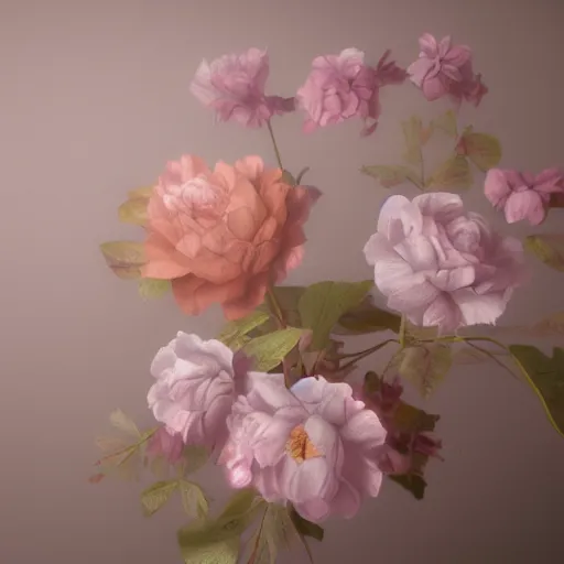 Prompt: 8k, octane render, realism, tonalism, renaissance, rococo, baroque, renaissance art studio, pale pink flowers, gold leaf flowers