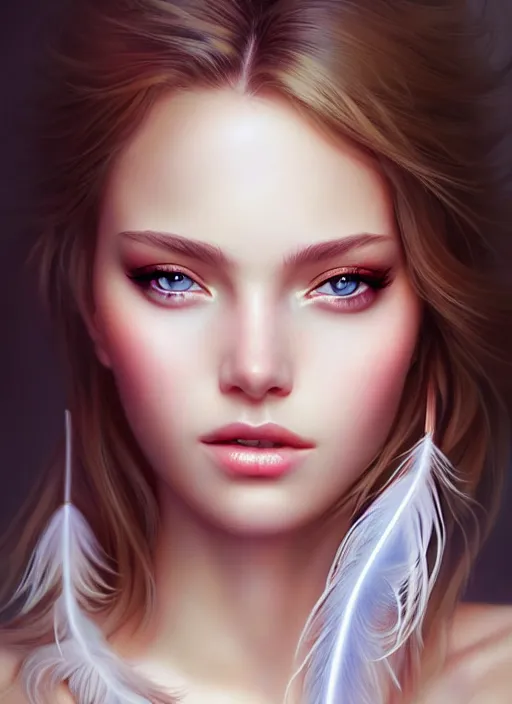 Image similar to a gorgeous female photo, professionally retouched, soft lighting, wearing a feather dress, realistic, smooth face, perfect eyes, wide angle, sharp focus on eyes, 8 k high definition, insanely detailed, intricate, elegant, art by artgerm and wlop