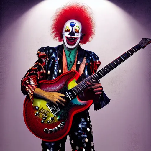 Image similar to UHD hyperrealistic Dee Snider dressed as a clown playing electric guitar, with intricate clown makeup, by Antonio Caparo and Ferdinand Knab and Greg Rutkowski UHD photorealistic trending on artstation
