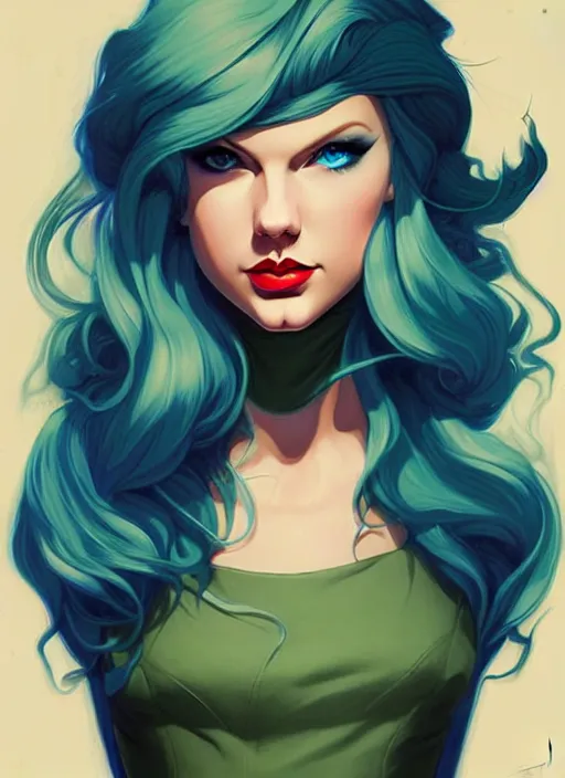 Image similar to style artgerm, joshua middleton, taylor swift with green dress, very long blue hair, symmetrical face, symmetrical eyes, steampunk western gunslinger with cyborg arm, cinematic lighting