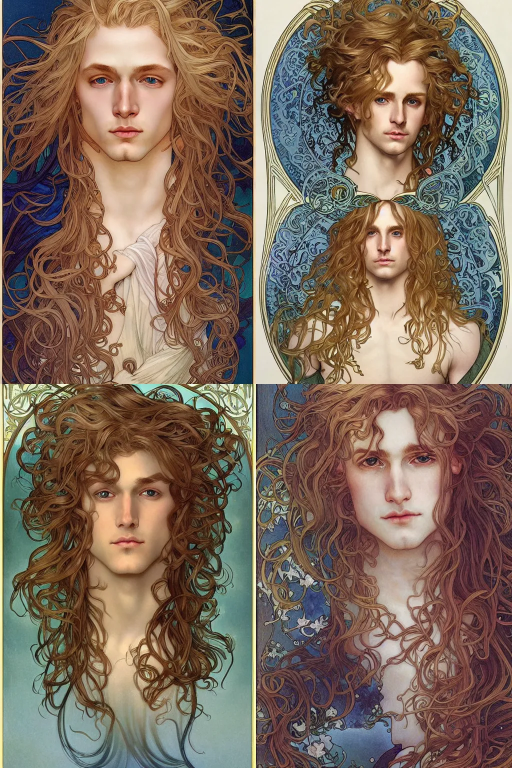 Prompt: realistic detailed face portrait of merman blond androgynous prince Lucius, long fluffy curly blond hair, by Alphonse Mucha, Ayami Kojima, Amano, Charlie Bowater, Karol Bak, Greg Hildebrandt, Jean Delville, and Mark Brooks, Art Nouveau, Neo-Gothic, gothic, rich deep colors