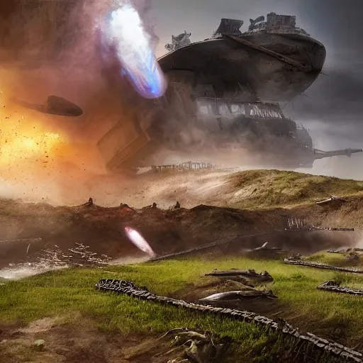 Image similar to natural looking fight landscape of ww 1 deep trenches with fortifications, crabs fighting with elephants, green gas spreading across land, futuristic tank is on fire, ground explosion in the background, alien mothership in the sky, hyper realistic, highly detailed, dramatic lighting, raytarced, god rays, 4 k, 8 k, matte painting